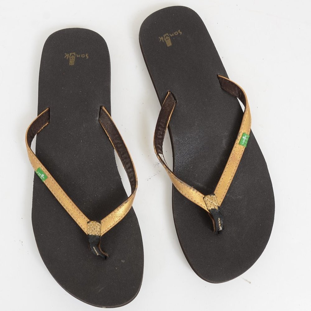 Sanuk Metallic Gold Yoga Flat Thong Flip Flops Thong Sandals Beach Summer‎ Sz 11